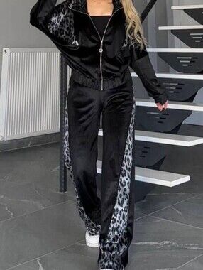 Harmony In Nature Black Joggers with Gray Leopard Panels